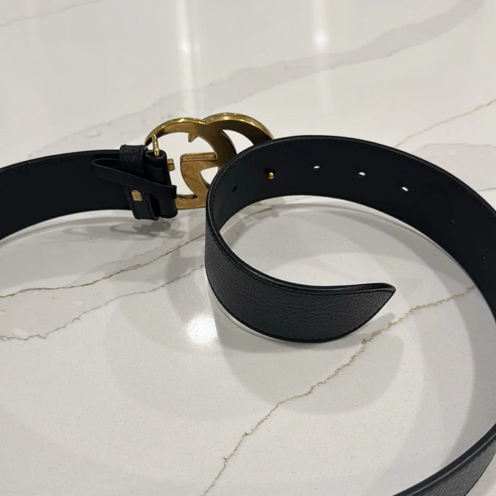 Gold and Black Gucci Belt. GG Marmont Wide Belt